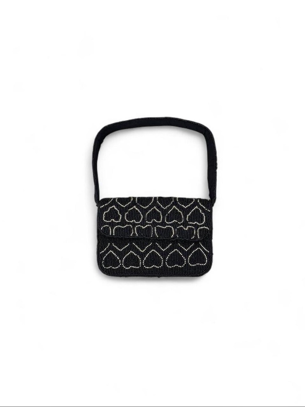 Black Beaded Shoulder Bag with Heart Motif